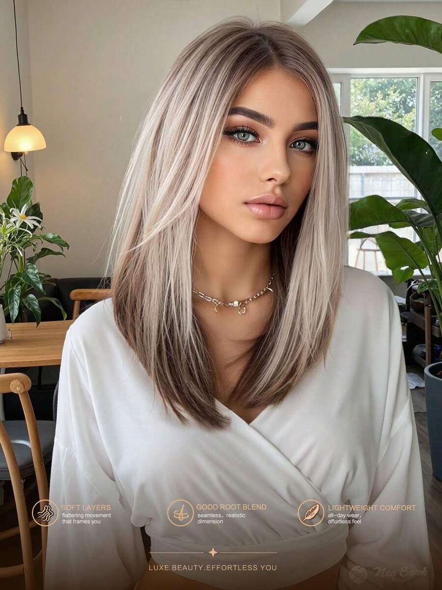 16 Inch Synthetic Hair Straight Gradient Gray-Gold Middle Part Feather Layered Bob Wig, Fashionable Mid-Length, Suitable For Daily Wear, Party, Halloween And Christmas Fashion Accessory - Ombre - View 1