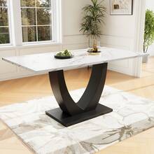 140 X 75.5cm Dining Table, (1 Piece), Modern Kitchen Table, Metal Frame Rectangular Dining Table Made Of Modern Marble Pattern Kitchen Table With Adjustable Feet For Dining Room Living Room, White/Black, 140 X 75 X 75.5 Cm - Black - View 1