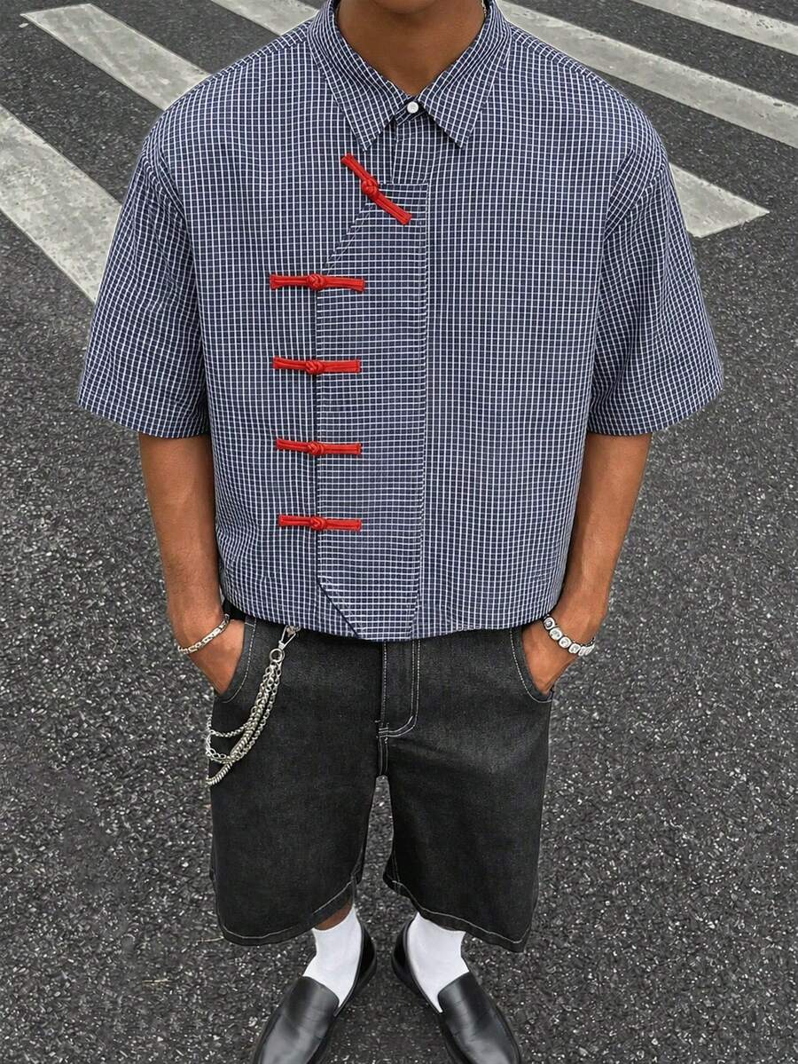 男士新款中式格紋盤扣短袖襯衫,時尚百搭,適合日常、旅行、街頭、度假、夏季返校 - 藍色 - 查看 1