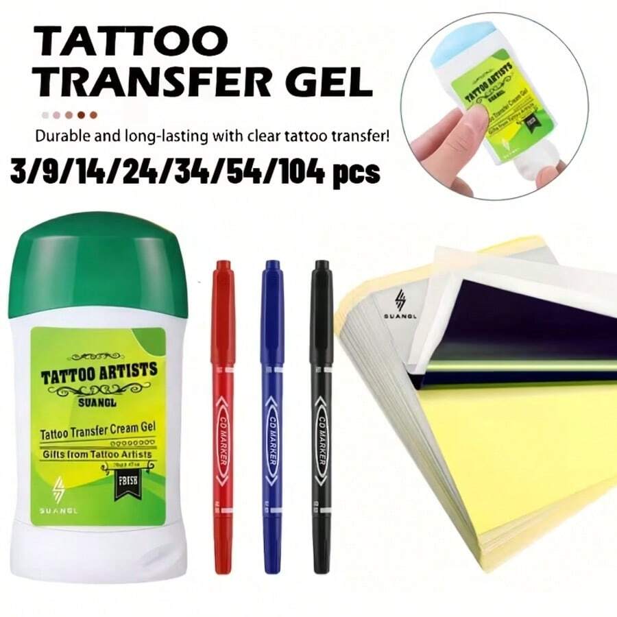 Complete Tattoo Transfer Set 70G Transfer Gel + 3-Color Markers + Transfer Paper Durable Clear Transfer Tattoo Supplies Portable Travel Pack - Multicolor - View 1