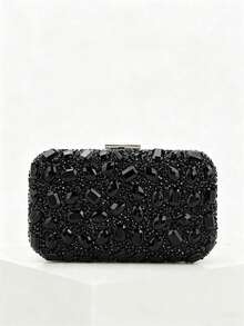 Women's Luxury Sparkling Crystal Decorated Square Box Clutch, Detachable Metal Chain Shoulder Strap, Wedding Accessory - Black - View 3