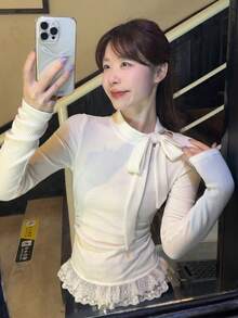 Women's Bow Tie Lace Trim Long Sleeve Base Layer T-Shirt, Sweet Design Inner Top For Autumn/Winter - White - View 2