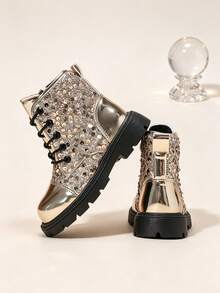 1 Pair Gold Sequin Performance Boots, Shiny Mirror PU Patchwork Material, Round Toe Elastic Soft Sole Inner Zipper Design, Glamorous Princess Style Leather Boots, Suitable For Daily, Holiday, Performance, Autumn/Winter New - Gold - View 5
