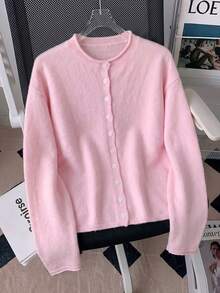 Autumn Back To School Soft Sweater Outfit, Women's Pink Round Neck Button Long Sleeve Cropped Cardigan, Basic Top For Daily Wear, Commuting And Dating - Pink - View 7