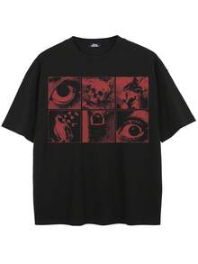 Tiny Spark Dark Streetwear Black Tee Shirt Vintage Graphic Skull Eye Printed Horror Gothic Style - Black - View 2