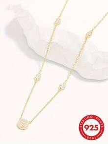 SYMFNY 925 Sterling Silver Personalized Minimalist Round Zirconia Pendant Necklace - Yellow Gold - View 3