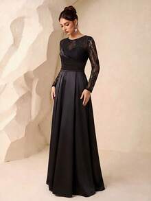 Gaun Maxi Satin Hitam Elegan dengan Leher Bulat, Lengan Panjang, dan Patchwork Renda Bunga - Hitam - View 4