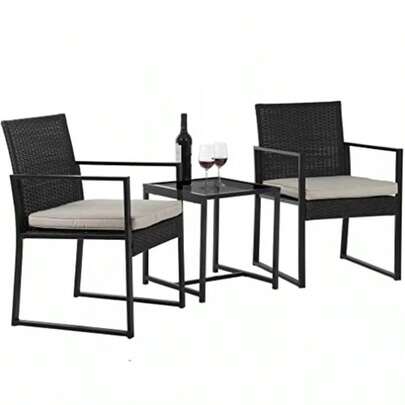 Juego de 3 piezas de muebles de patio exterior de mimbre, muebles de porche, mesa de bistró, sillas de ratán con cojines gruesos, juego de conversación de patio con mesa de café de vidrio para sala de estar, patio trasero, piscina, negro
