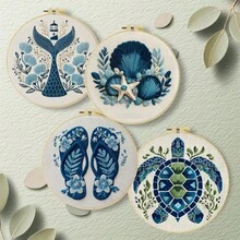1pc 20*20cm/7.9*7.9in Ocean Theme Turtle & Shell Embroidery Kit, DIY Hand Embroidery Set For Adult Beginners, Home Decor Gift, Women's Sewing Gift, Includes User Manual, Printed Fabric, Embroidery Hoop, Needles & Thread - Sea Turtles - View 3