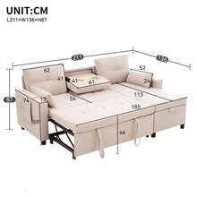 L‑Shaped Convertible Corner Sofa Bed, Reversible Chaise, Pull‑Out Sleeper Sofa With Storage Compartment, Flip‑Down Wooden Tray & Dual Cup Holders, Linen Fabric Sectional Couch For Living Room Bedroom - Beige - View 3