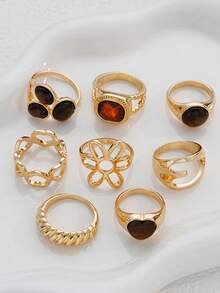 (No Box) 14pcs Simple Fashion Old Money Style Heart Flower Oil Drop Geometric Asymmetric Stacked Ring Set For Women, Sisters, Summer Vacation, Date, Gift, Daily Casual, Party, Wedding - Multicolor - View 5