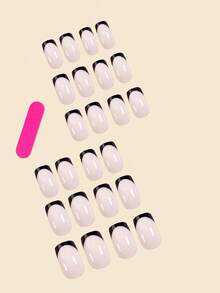 24Pcs Black Square French Manicure False Nails With Nail File & Glue - Medium Length Press On Nails Nail Supplies Nails - 黑色 - 查看 2