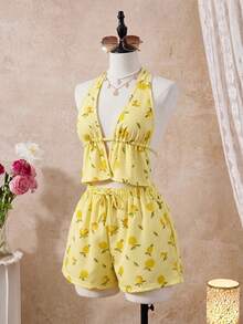 Women's 2-Piece Loungewear Pajama Set, Bright Yellow Striped Lemon Print, Halter Neck Tie Top And Elastic Waist Drawstring Shorts, Fresh And Fun, Suitable For Spring/Summer Home Leisure And Casual Outings - Yellow - View 3