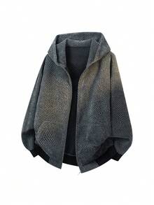 1pc Men's Grey Hooded Sweatshirt Jacket, 3D Diagonal Ribbed Knit Fabric, Soft & Thick, Smooth Full Zip Closure, Easy To Put On And Take Off, Suitable For Daily Commute, Autumn/Winter Layering, Vintage Vibe Short Hooded Jacket - Grey - View 4