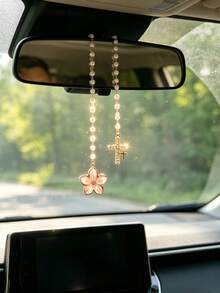 1pc Pearl Chain Alloy Cherry Blossom Car Rearview Mirror Pendant, Rhinestone Cross Car Hanging Ornament, Flower Rhinestone Cross Car Pendant, Universal Car Rearview Mirror Interior Decoration Accessory - Flower Cross - View 3