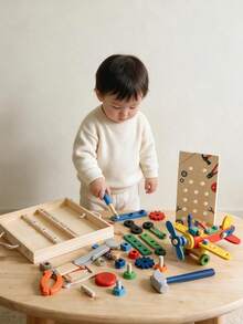 Solid Wood Versatile Disassembly And Assembly Screw Combination Set, Wrench, Hammer, Pliers Simulation Repair Tool Table, Children's Hands-On Disassembly And Assembly Building Block Logic Exercise Early Education Puzzle Toy - Multicolor - View 2