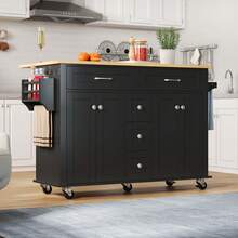 Rolling Kitchen Island Cart With Drop‑Leaf Countertop, Mobile Kitchen Trolley With 5 Drawers & 2 Storage Cabinets, Lockable Casters, Spice Rack & Towel Holder For Kitchen Dining Living Room - Black - View 1
