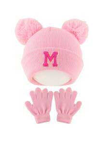 3pcs/Set Girls Winter Hat & Gloves Set, Suitable For 3-8 Years Old, A-Z Letter Knitted Knitted Hat With Pom Pom Ears, Elastic Warm Matching Gloves, Suitable For Cold Weather - Pink - View 9