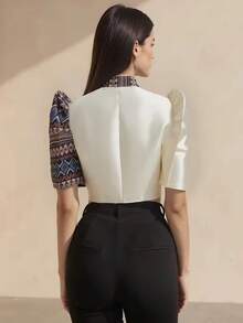 Atasan Gaya Filipina Modern, Lengan Kupu-kupu Gaya Filipina, Blus Pendek Wanita Musim Semi/Panas dengan Motif Cetak, Kerah Tegak, dan Lengan Mengembang - Aprikot - View 3