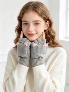 1 Pair Winter Flip-Finger Cat Ear Gloves, Windproof Warm Flip-Cover Hand Gloves, Casual Solid Color Five-Finger Gloves Suitable For Cold Weather - Multicolor - View 7