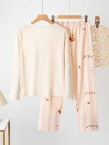 2pcs Women's Pajama Set Long Sleeve Long Pants Set, Women's Casual Printed Set - Baby Pink - View 2