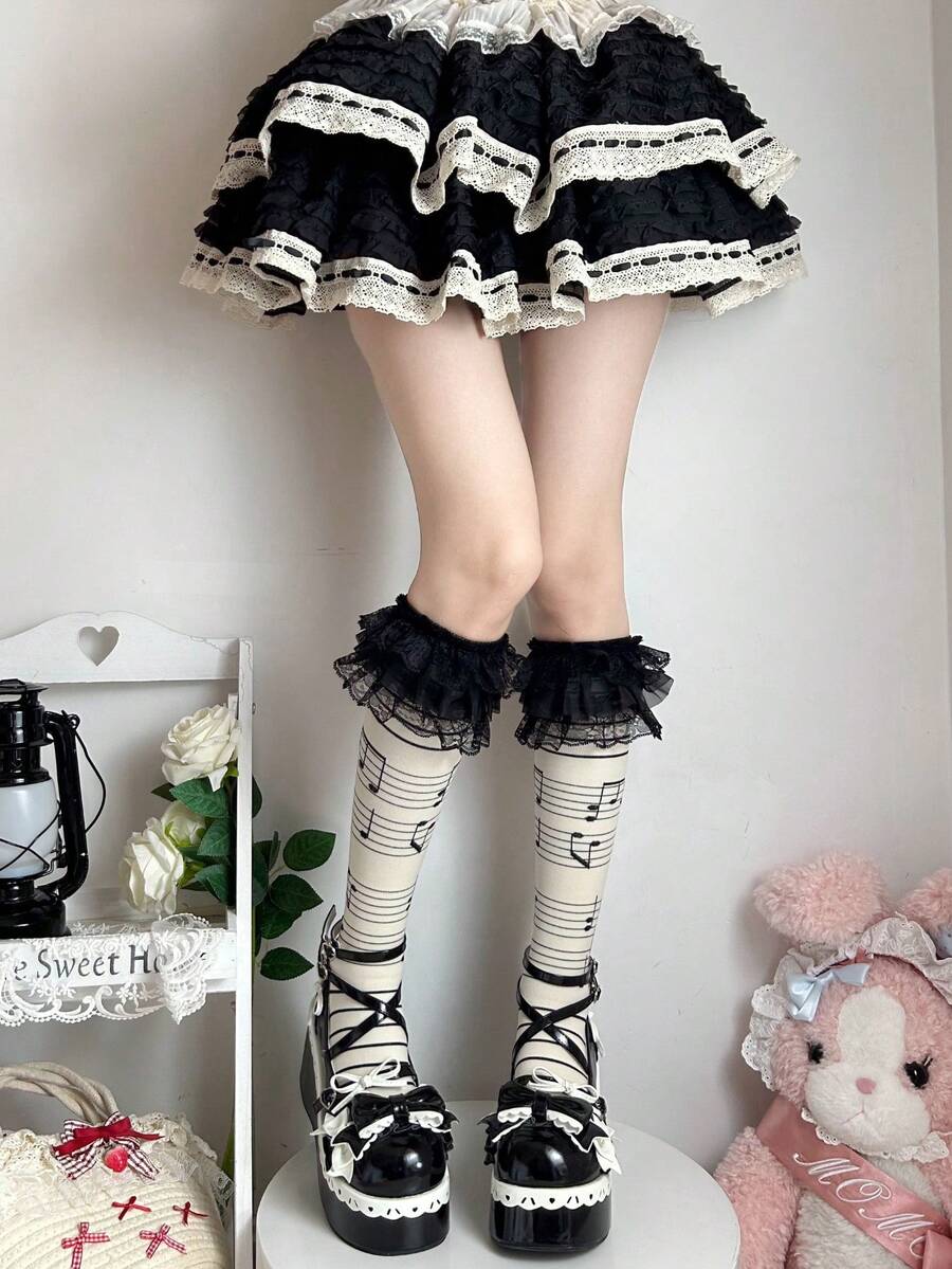 1 par de calcetines hasta la rodilla con volantes de encaje y notas musicales estilo Kawaii Lolita para mujer, para primavera/verano, Y2k - Multicolor - Ver 1