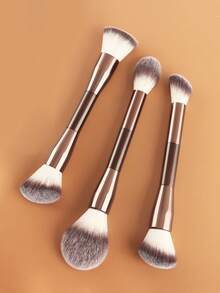 ronshadow 3pcs Brown Dual-Ended Multi-Brush Face Makeup Brushes, Angled & Round Head Combination, Blush Highlighter Contour Setting Powder Multi-Function Soft Bristle Beginner Makeup Tool - Chocolate Brown - View 1
