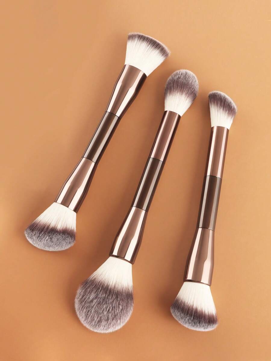 ronshadow 3pcs Brown Dual-Ended Multi-Brush Face Makeup Brushes, Angled & Round Head Combination, Blush Highlighter Contour Setting Powder Multi-Function Soft Bristle Beginner Makeup Tool - Chocolate Brown - View 1