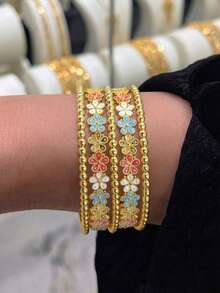 5-Piece 21K Gold Plated Banajer Bangle Set, Rust-Resistant Gold Alternative Colorful Enamel Flower Beaded Ball Stackable Bracelet Fine Jewellery - Floral Combination Bracelet - View 4