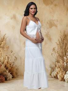 JustVH Women's Maternity Summer Set, Lace Patchwork Tie-Up Camisole Top & Flowy Long Skirt, 2pcs/Set Fall White - White - View 4