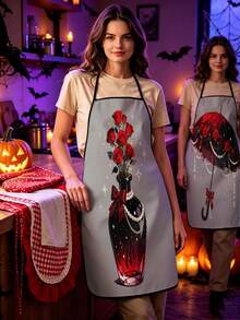 4pcs Gothic Halloween Kitchen Apron, Black Cat Red Rose Pearl Chain Print Adjustable Anti‑Oil Cooking Bib Apron, Vintage Dark Romantic Home Baking Party Decor Holiday Gift - Multicolor - View 12