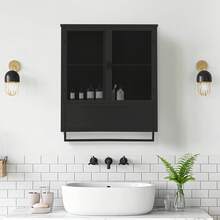 60CM Glass Doors Modern Two-Door Wall Cabinet With Featuring Two-Tier Enclosed Storage, An Open Shelf, And Towel Rack, For Entryway Living Room Bathroom Dining Room,Black - 黑色 - 查看 2