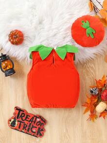 2pcs/Kids/Halloween/Pumpkin/Sleeveless Funny Ghost Face Embroidered Pumpkin Top Set - Orange - View 5