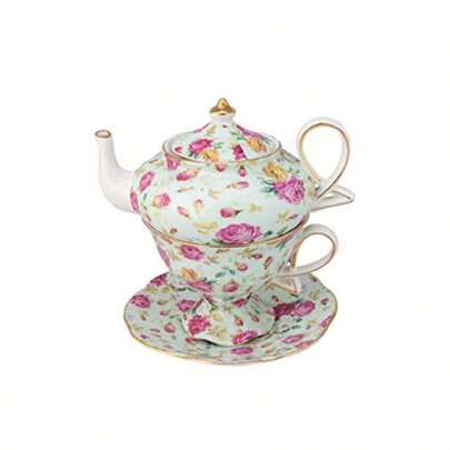 4-Piece Porcelain Tea For One, Stacked Teapot Cup Saucer