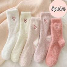1/5 Pairs Autumn/Winter Plush Heart Socks, Elastic Breathable Daily Socks, Personalized Mid-Calf Socks, Suitable For Family Wear, Applicable For Sports, Home, Leisure And Commuting - Multicolor - View 8