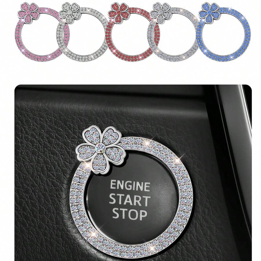 1pc Flower Rhinestone Car Engine Start Stop Button Ring, Bling Crystal Floral Push Start Button Cover Trim, Cute Car Interior Accessories For Women