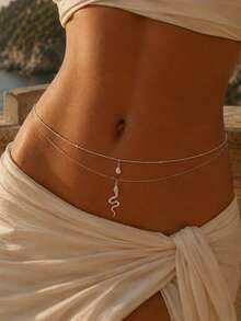 STONEFANS 1pc Women's Silver Double Layer Snake Pendant Waist Chain, Rhinestone Water Drop Belly Chain, Layered Body Jewelry, Suitable For Bikini, Beach Vacation, Music Festival, Party, Nightclub, Holiday Outfit And Y2K Summer Style - Silver - View 1