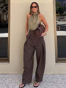 SMILE CHIC 2026 Autumn/Winter New Back To School Season Vintage Versatile Curved Pleated Wide-Leg Pants, Simple Tailored Cut, Height-Enhancing And Slimming - Khaki - View 5