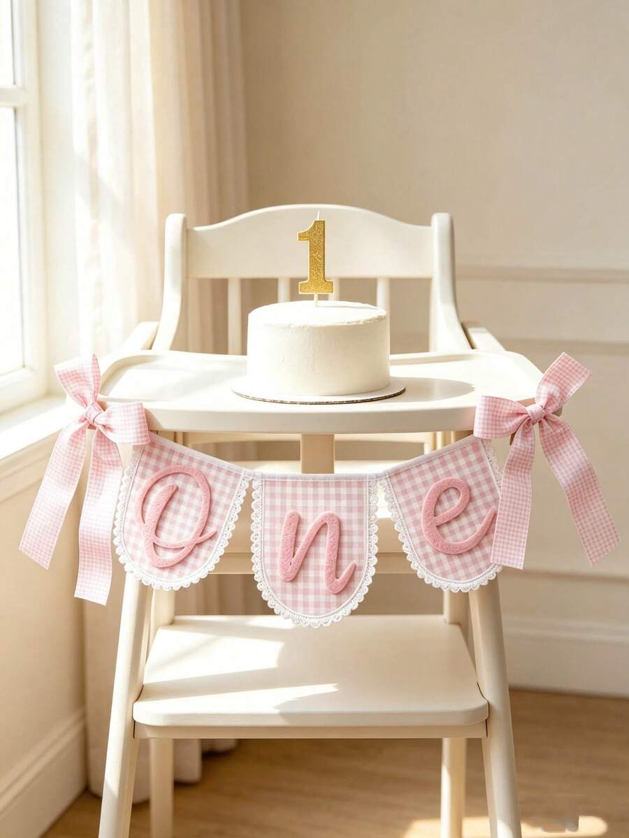 1pc Pink Plaid ONE Banner With Lace Trim And Bow, Baby 1st Birthday Party Wall Decoration Photo Prop - Multicolor - View 1