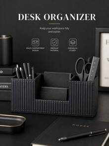 Cream-Style Vertical Striped Desktop Storage Box, Office Divided Pen Holder, Small Item Memo Remote Control Organizer - View 9