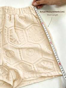 Apricot Lace 2-Piece Set For Women Including Long Sleeve Hollow Loose Top And Elastic Waist Shorts Beach Cover-Up Summer Elegant - Apricot - View 9