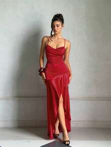 Vestido de fiesta rojo de verano con espalda descubierta, volantes y cuello cuadrado, elegante, adecuado para citas, vacaciones y playa - Rojo - Ver 4