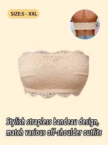 Strapless Invisible Design Women's Bra, Lace Patchwork All-Season Jacquard Pattern, Wire-Free Bandeau T-Shirt Bra, Casual Comfortable Bralette With Back Design, Thin Sports Bra - Yellow - View 5