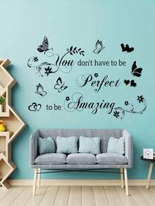1pc Heart Butterfly Art English Wall Decal, Removable Vinyl Sticker, Suitable For Living Room Bedroom Entryway Bathroom Wall Decoration, Beautify Home Decor - A - View 3