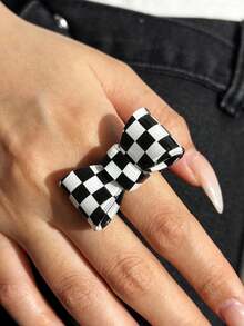 1/2pcs Y2K Black & White Checkerboard Bow Rings, Colorful Striped Print Rings, Daily Personalized Minimalist Women's Finger Rings Gift - Multicolor - View 4