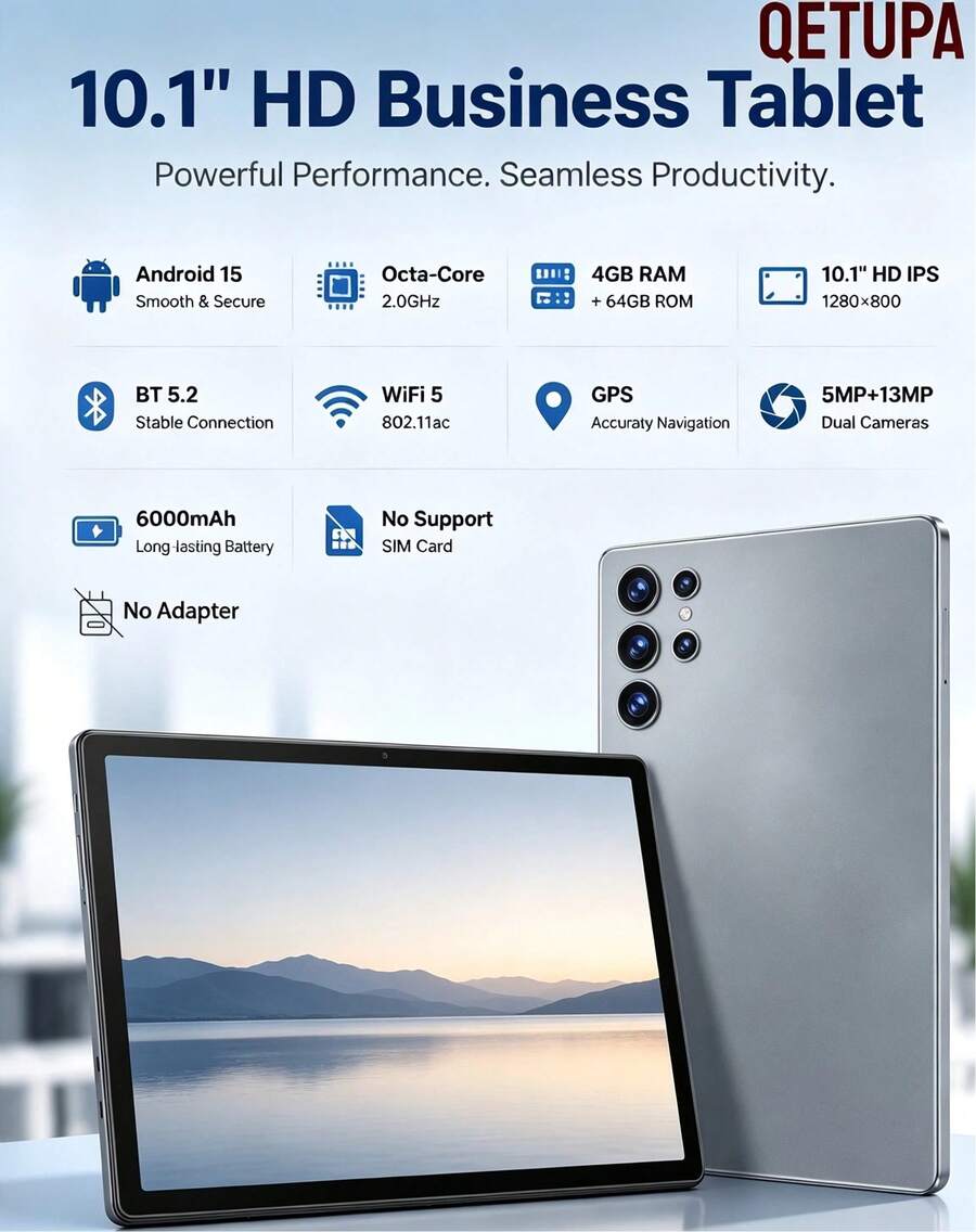 Qetupa 10.1 Inch Android 15 Tablet, 4GB RAM 64GB ROM Octa-Core 2.0GHz, 1280*800 HD IPS Touchscreen, Bluetooth 5.2 WiFi5 GPS, 5MP+13MP Dual Camera, 6000mAh Large Battery, No SIM Card Slot, Adapter Not Included - Grey - View 1