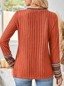 Plus Size Women's Round Neck Colorblock Printed Long Sleeve Top - Orange - View 6