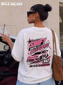 GEMCHO Women's White Y2K Racing & Letter Print Loose Oversized T-Shirt, Drop Shoulder Round Neck Short Sleeve Streetwear Top, Front & Back Print Sports - White - View 3