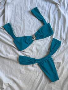 Ladies' Silver Starfish Decorated Navy Blue Wide-Shoulder Strap Bikini Two Pieces Set, Elegant And Casual Swimsuit Set For Beach Vacation Party - Blue - View 1