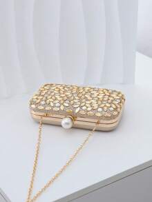 Dedoo Women's Gold Rhinestone Evening Clutch,Hard Shell Rectangular Handbag, Pearl Clasp,Shiny Leaf Pattern,Suitable For Weddings,Balls And Formal Occasions - Gold - View 7
